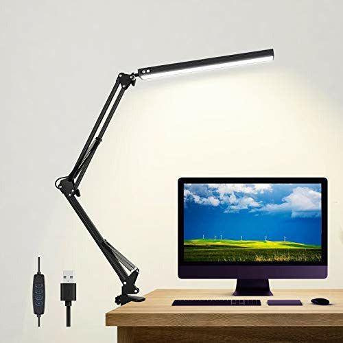 LED Desk Lamp with Clamp, 14W Eye-Care Dimmable Reading Light, 3 Color Modes Swing Arm Lamp, USB Clip-on Table Lamp, Daylight Lamp for Desk Accessories 0