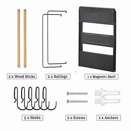 Magnetic Fridge Organizer, Magnetic Spice Rack with Paper Towel Holder and 5 Mobile Hooks, 4-Tier Magnetic Refrigerator Shelf in Kitchen Holds up to 45 LBS, 16x12x4 Inch Black 3
