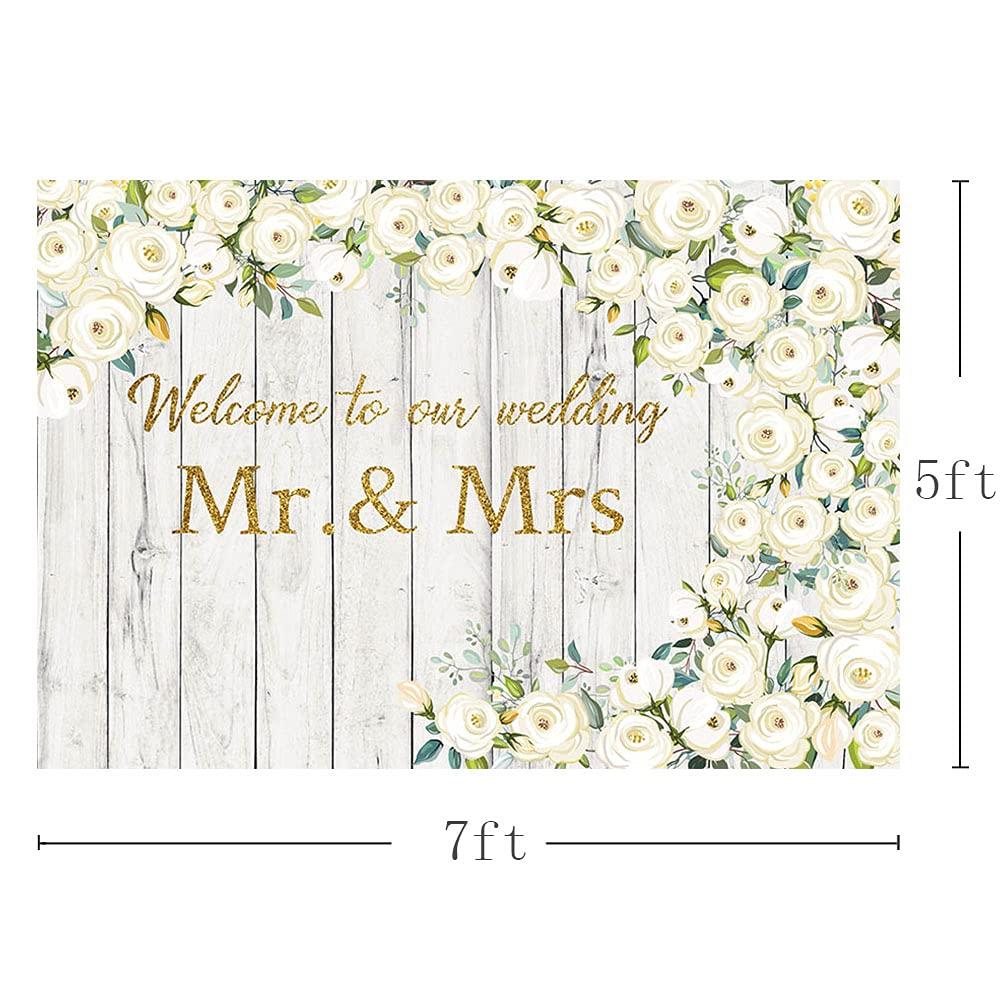 MEHOFOND 7x5ft White Rose Flower Backdrop for Wedding Decoration Welcome To Our Wedding Floral Retro Wood Wall Bridal Shower Party Banner Portrait Photography Background Photo Booth Vinyl 2