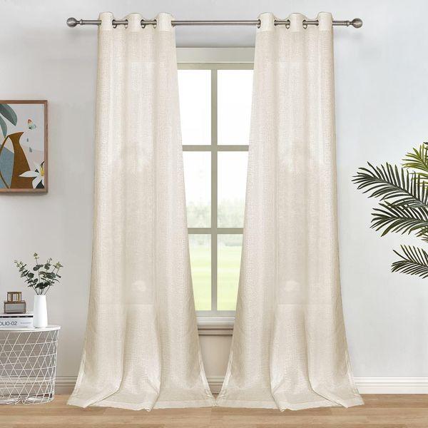 Melodieux 2 Panel Faux Linen Voile Net Curtains Semi Sheer Ring Top Drapes for Bedroom, Living Room, Window - Beige, 55 x 54 inch drop (140 x 137cm)