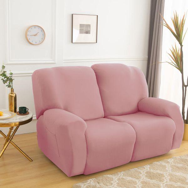 Qelus Stretch Recliner Chair Cover,6-Pieces Sofa Cover Slipcover Couch Covers,Armchair Cover Non-Slip Furniture Protector,Elastic Spandex Soft Recliner Chair Protector with Side Pocket(2 Seater Pink) 2