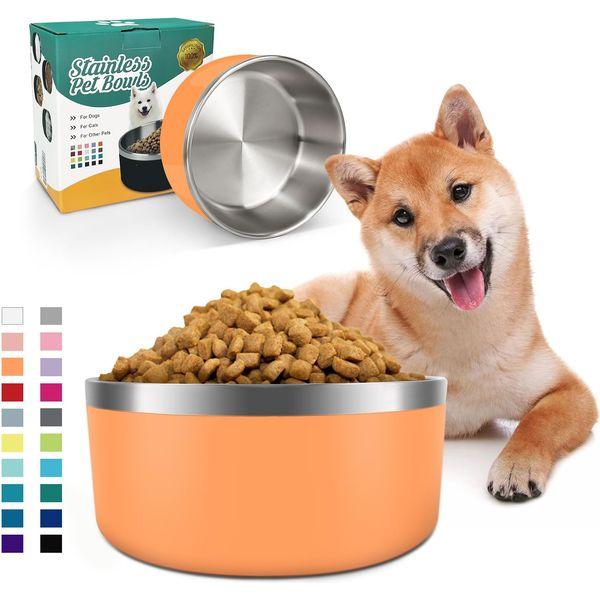 IKITCHEN Dog Bowl for Food and Water, 64 Oz Stainless Steel Pet Feeding Bowl, Durable Non-Skid Double Wall Insulated Heavy Duty with Rubber Bottom for Medium Large Sized Dogs (64 Ounces/8 Cup, Orange)