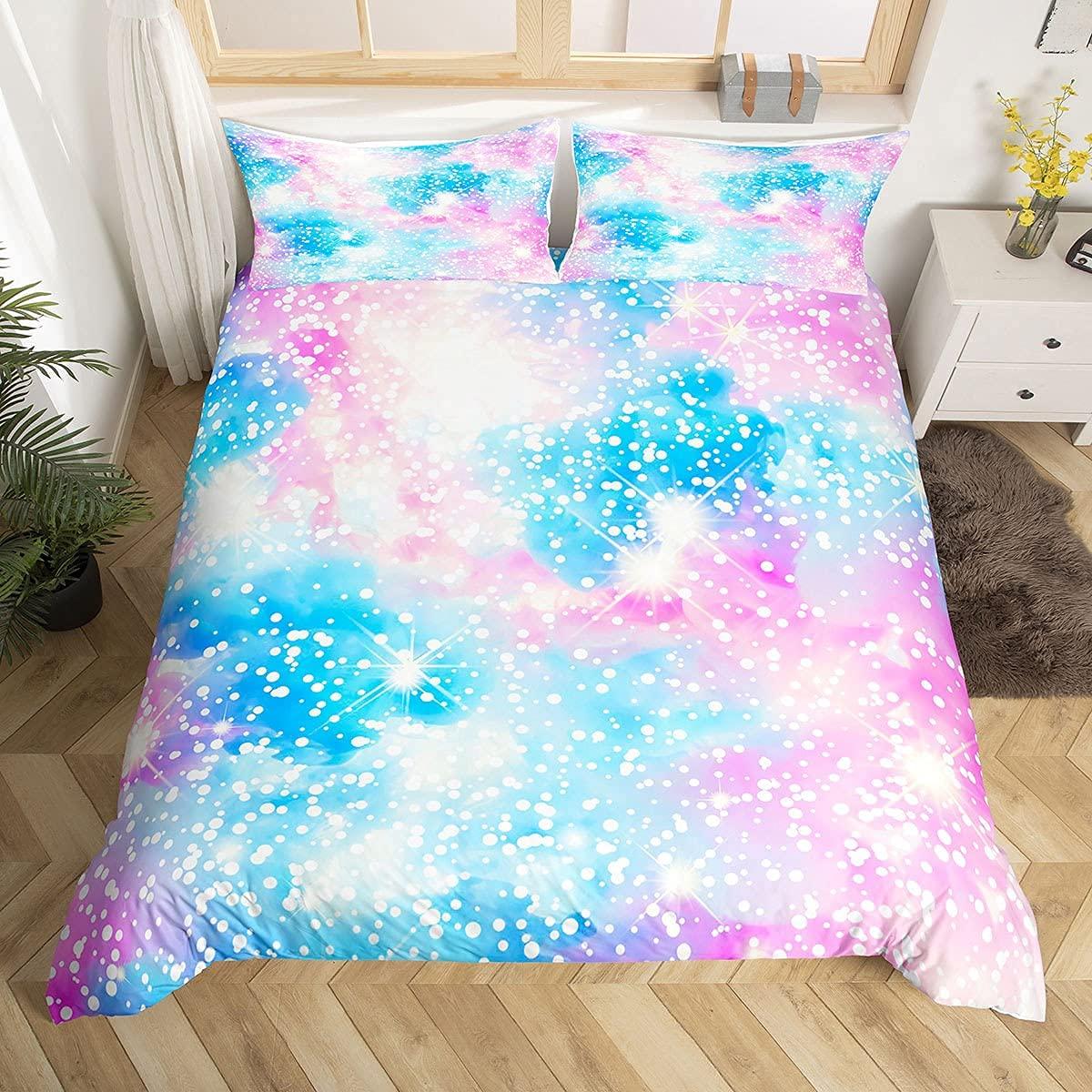 Loussiesd Fantasy Girly Bedding Set Decortaive 3 Pcs Shiny Blue Pink Purple Pastel Colors Duvet Cover for Girls Cute Bling Galaxy Print Bedspreads King Comforter Cover for Kids Teens Colorful