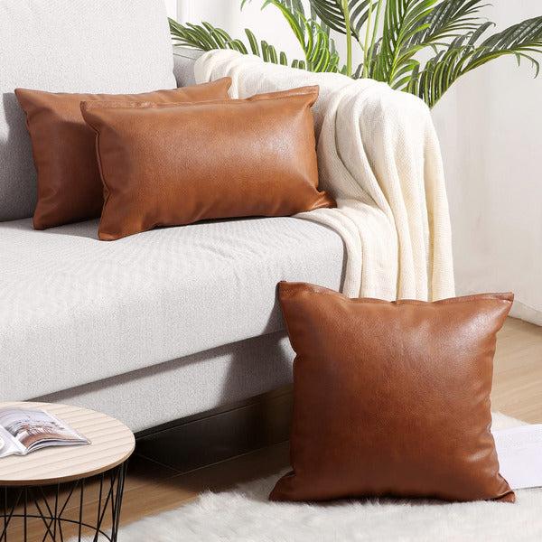 YAERTUN Set of 2 Faux Leather Decorative Throw Pillow Covers Modern Solid Outdoor Cushion Cases Luxury Pillowcases for Couch Sofa Bed 20x20 Inches Brown 4