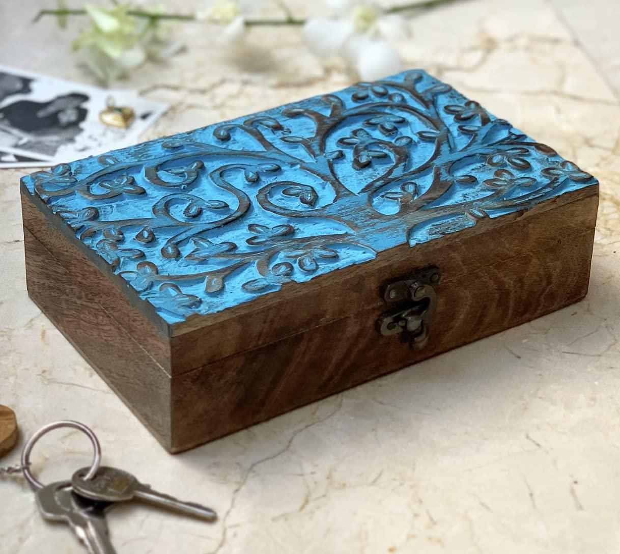 Great Birthday Gift Handmade Decorative Wooden Jewellery Box With Tree Of Life Carving Jewellery Organizer Keepsake Box Treasure Chest Trinket Holder Watch Box Storage Box Housewarming Gifts 1