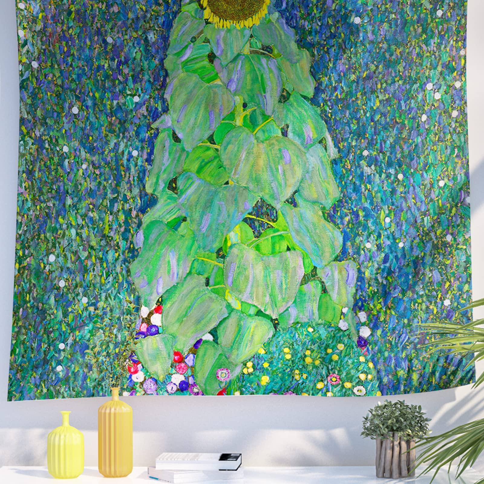 Berkin Arts Decor Tapestry for Wall Hanging Premium Polyester Fabric Backdrop Green Cool Retro 51.2 x 59.1 Inch (Sunflowers by Gustav Klimt)