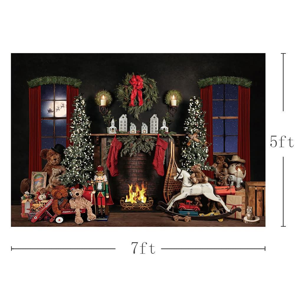 MEHOFOND 7x5ft Christmas Backdrop Xmas Tree Bear Fireplace Fire Christmas Wreath Toy Photography Background Family Festival Party Decoration Banner Portrait Photo Studio Props Supplies 2