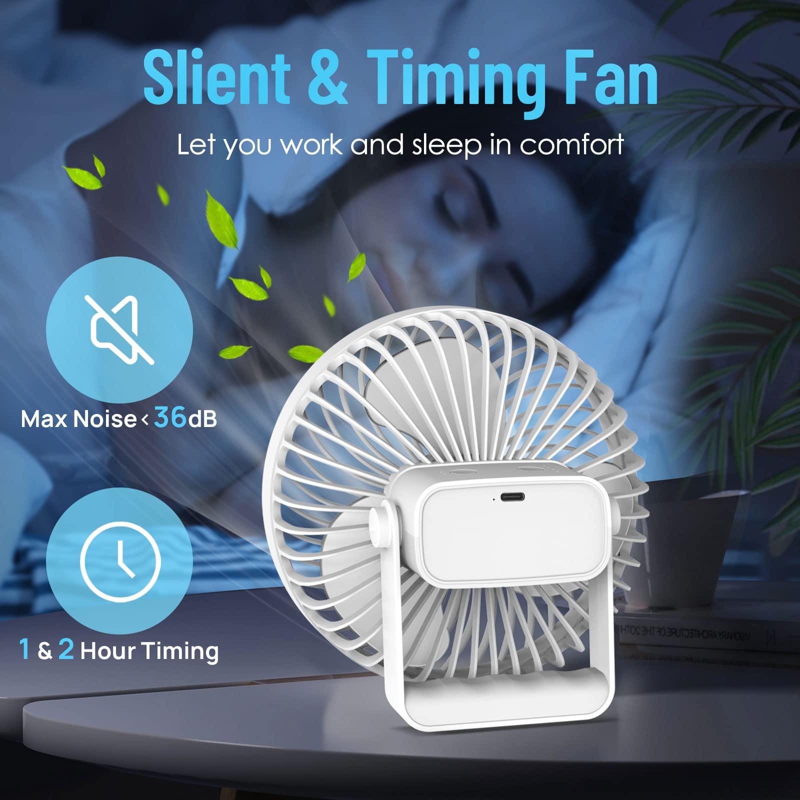 COZII USB Desk Fan Powerful, Mini Table Fan Silent with Strong Airflow - 4 Speeds Rechargeable Personal Fan with LED Lights, Timing, Portable Small Fan for Home, Camping, Office 2