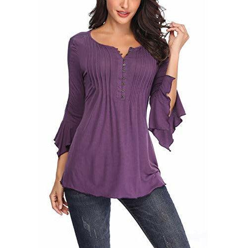 MISS MOLY Women's Henly Shirt Lace 3/4 Bell Sleeve Blouse Tunic Tops Elegant Purple X-Small 4