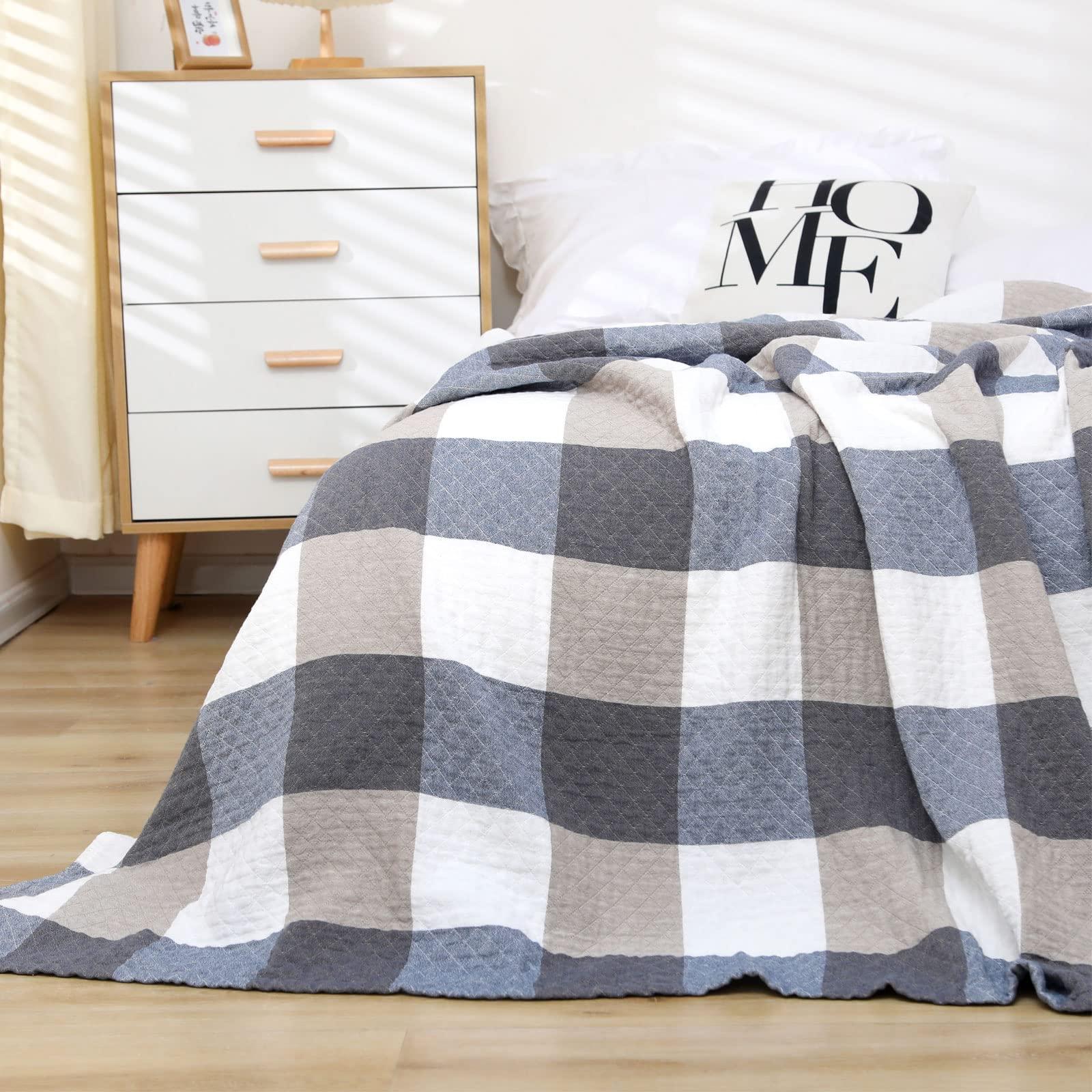 LHGOGO Cotton Blanket for Adults, 200x230cm Large Throws for Sofas, Beds and Settees, Stylish Houndstooth Pattern Extra Soft and Light Blanket for Home, Light Grey 4