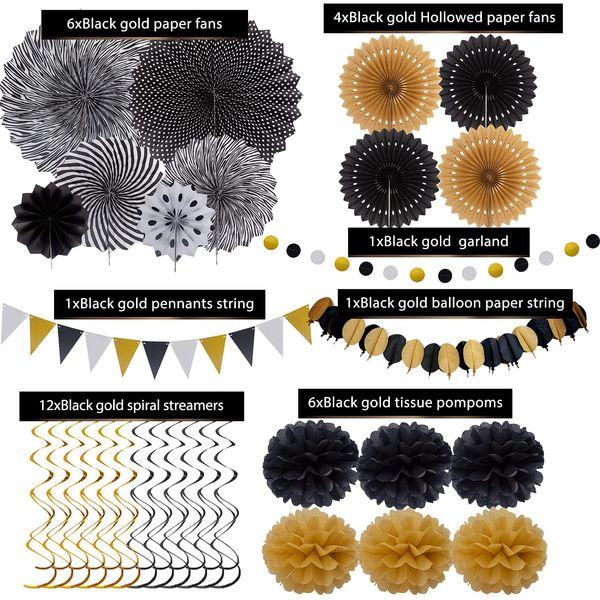 Party Decoration Birthday Festival Set - Huryfox 33pcs Black and Gold Bunting Decorations Paper Pom Poms Supplies Garland Hanging Honeycomb Balls Suitable for Holiday Garden Indoor Home Decor 2