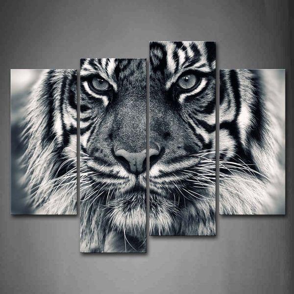 Black And White Ferocity Tiger With Eye Staring And Beard Wall Art Painting Pictures Print On Canvas Animal The Picture For Home Modern Decoration