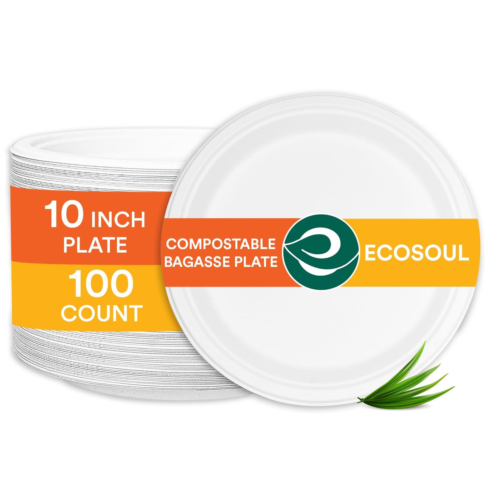 ECO SOUL Pearl White Round 25cm(10") Bagasse Plates, 10x Times Sturdy Than Paper Plates(Pack of 100), Disposable Tableware, 100% Compostable, Eco Friendly Alternative to Plastic Plates, Microwavable