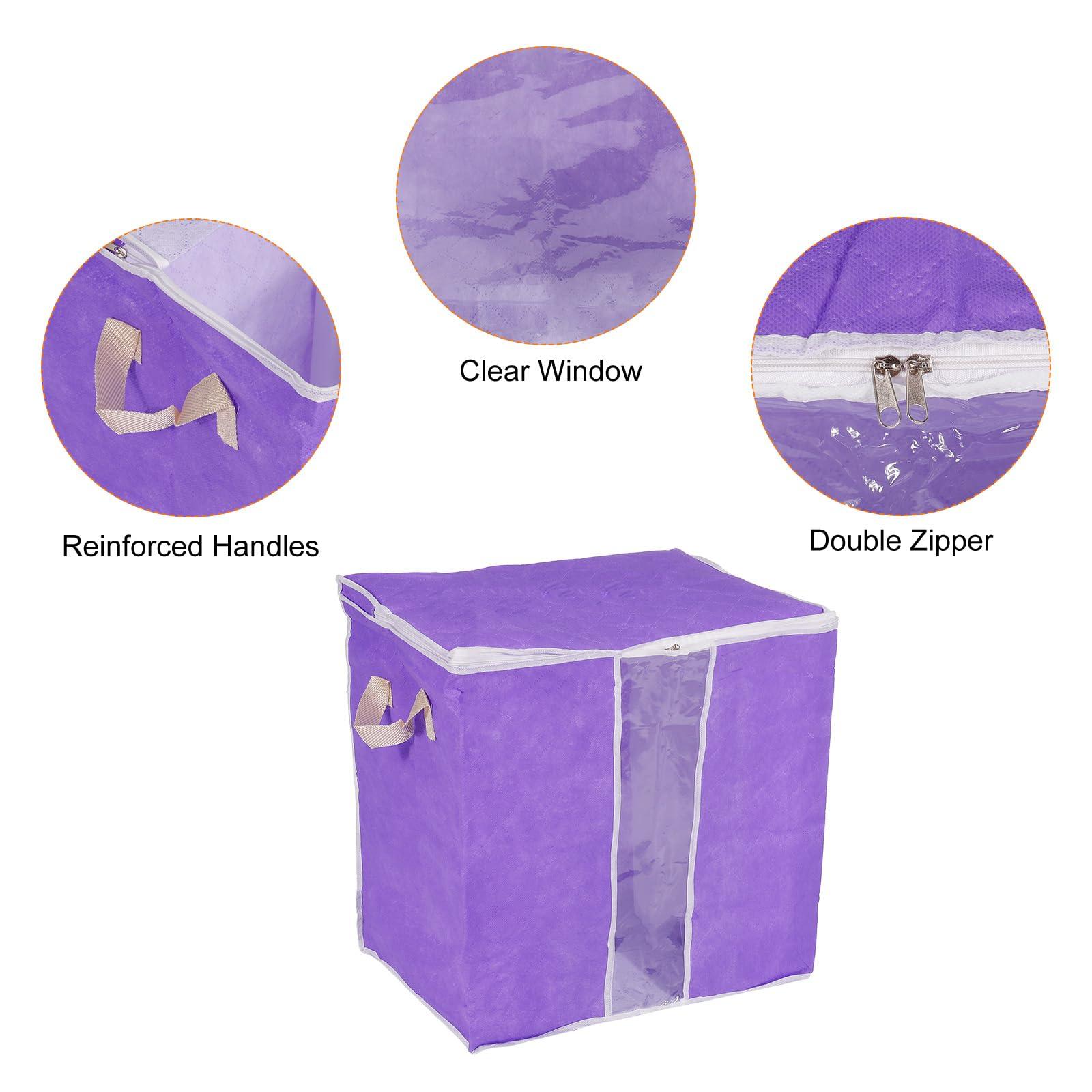 sourcing map Clothes Storage Bags 4pcs, Foldable Clothes Storage Bins with Clear Window and Reinforced Handle, Clothes Storage Containers for Blankets Comforters Bedding-Sky Blue/Purple 3