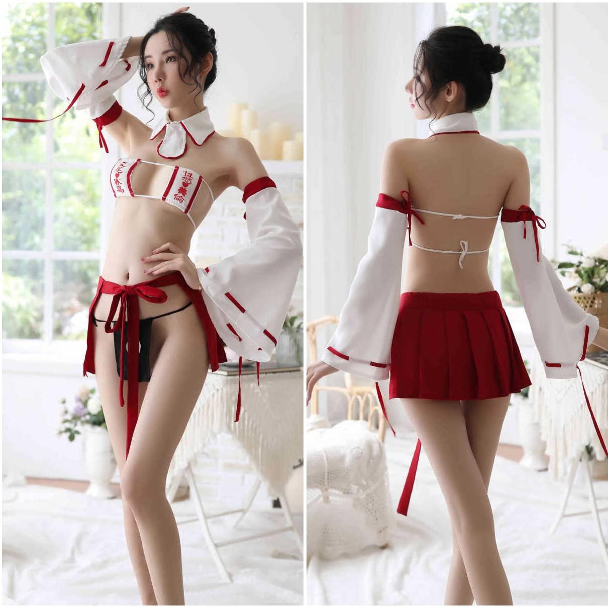 SINROYEE Lady's Japanese Anime Cosplay Outfit Witch Dress Costume Sexy Witch Lingerie For Women Naughty Sexy Kimono (White+red#3) 1