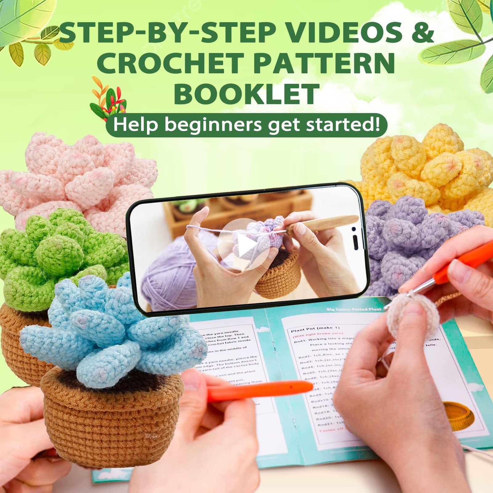 IFUNY Crochet Kit for Beginners Adults,Crochet Plant Kit, Complete Knitting Kit with Yarn, Crochet Hooks, Step-by-Step Video, Learn to Crochet Starter Kit for Beginners（5 pcs Succulent Potting 1