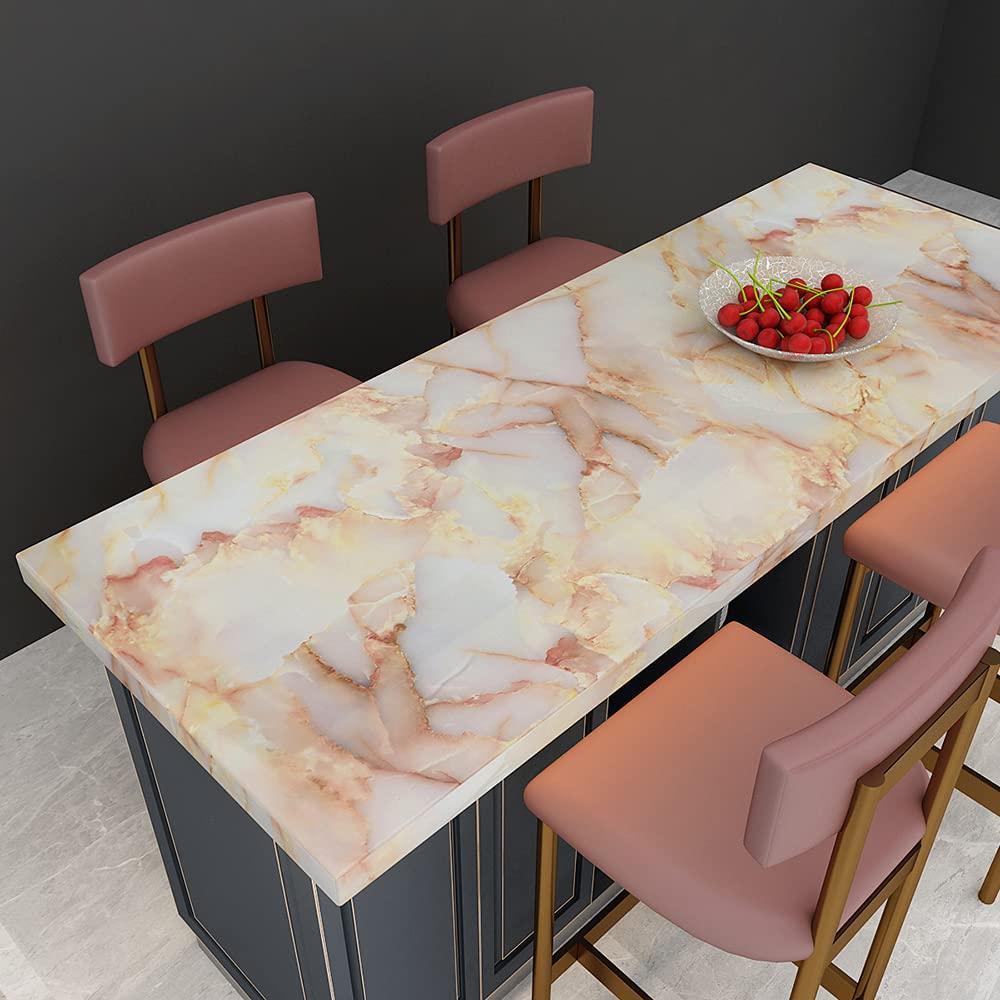 VEELIKE Yellow Marble Wallpaper 40cm x 1800cm Marble Vinyl Wrap for Kitchen Worktop Covering Vinyl Self Adhesive Contact Paper Kitchen Counter Vinyl Wrap Dinning Table Bathroom Waterproof Removable 3