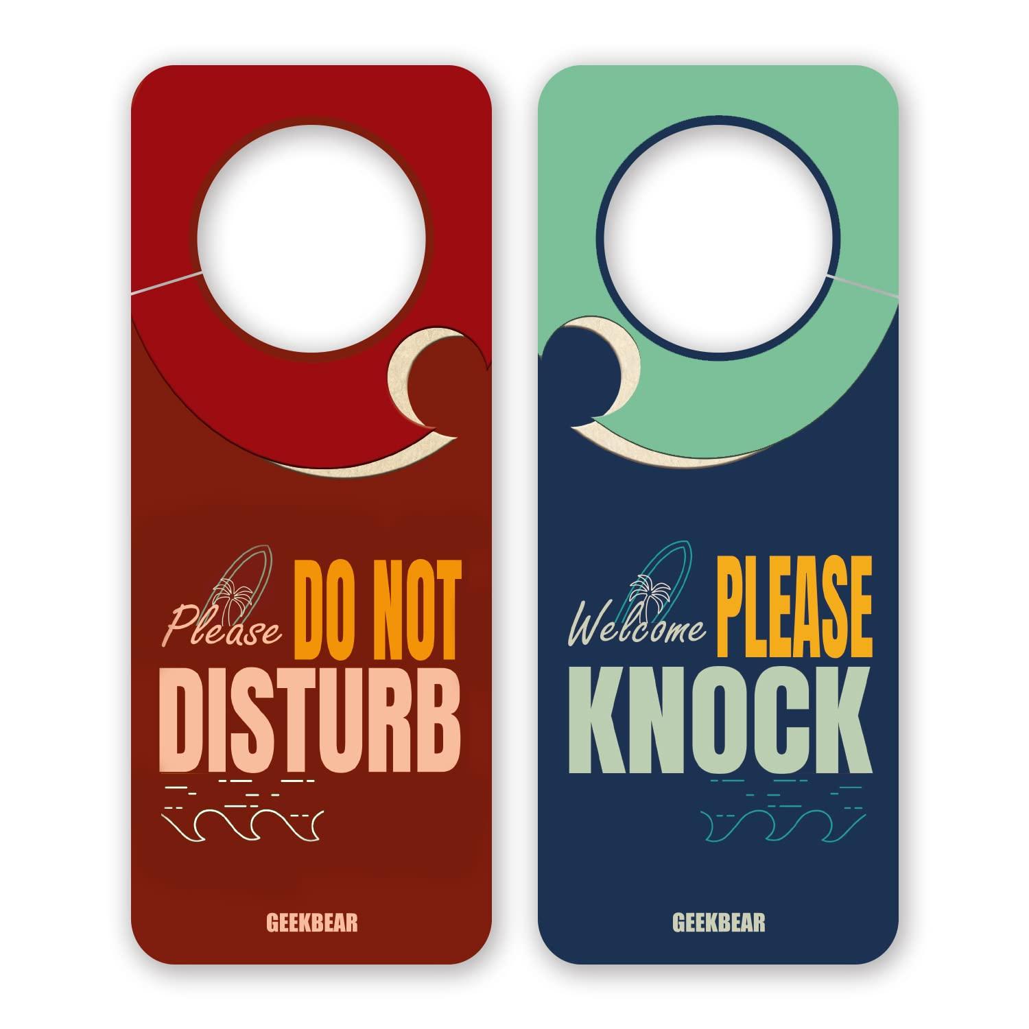 GEEKBEAR Do Not Disturb Door Hanger Sign (08. Beach Wave) - 2 Pack - Reversible and Double Sided Privacy Office Sign - Please Do Not Disturb on Front and Welcome Please Knock on Back Side