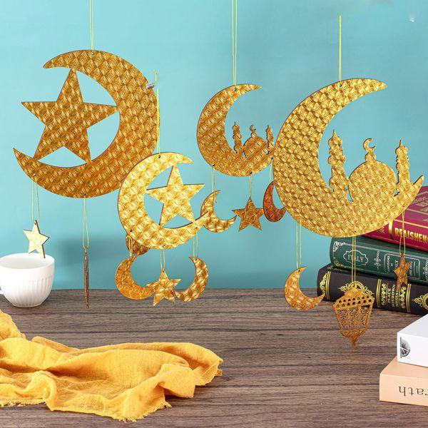 Gulfmew 4 Pcs Eid Hanging Decoration Ramadan Decorations Ramadan Ornaments Large and Small Golden Ramadan Pendant Decorations Muslim Iftar Crescent Islam Moon Star Wind Light Shape Pendant Ornament 2