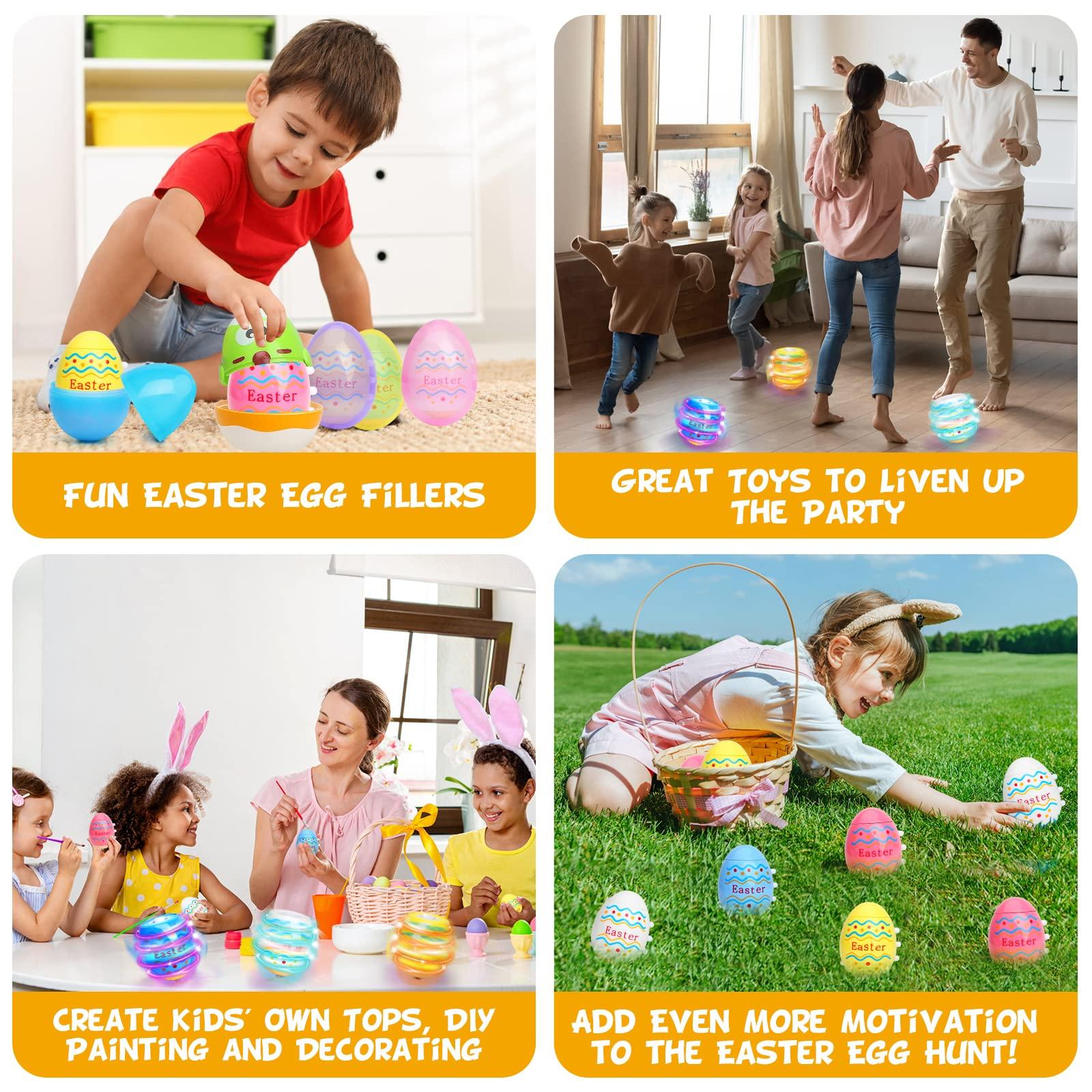 Easter Eggs Light Up Spinning Tops Toys, 6 PCS Gyroscope Flashing with LED Lights and Music UFO Magic Fidget Ball Novelty Bulk Toys, Easter Egg Hunt Kit Fillers, Easter Gifts for Kids Girls Boys 4