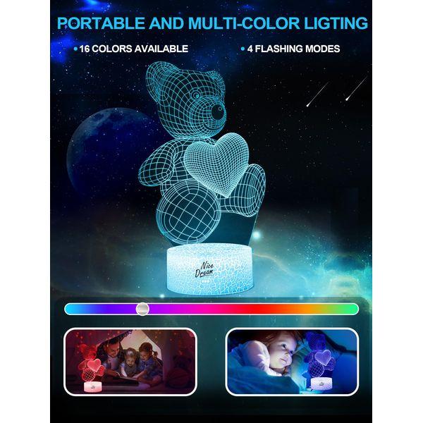 Nice Dream Bear Night Light for Kids, 3D Night Lamp, 16 Colors Changing with Remote Control, Room Decor, Gifts for Lovers Children Girls Boys 3