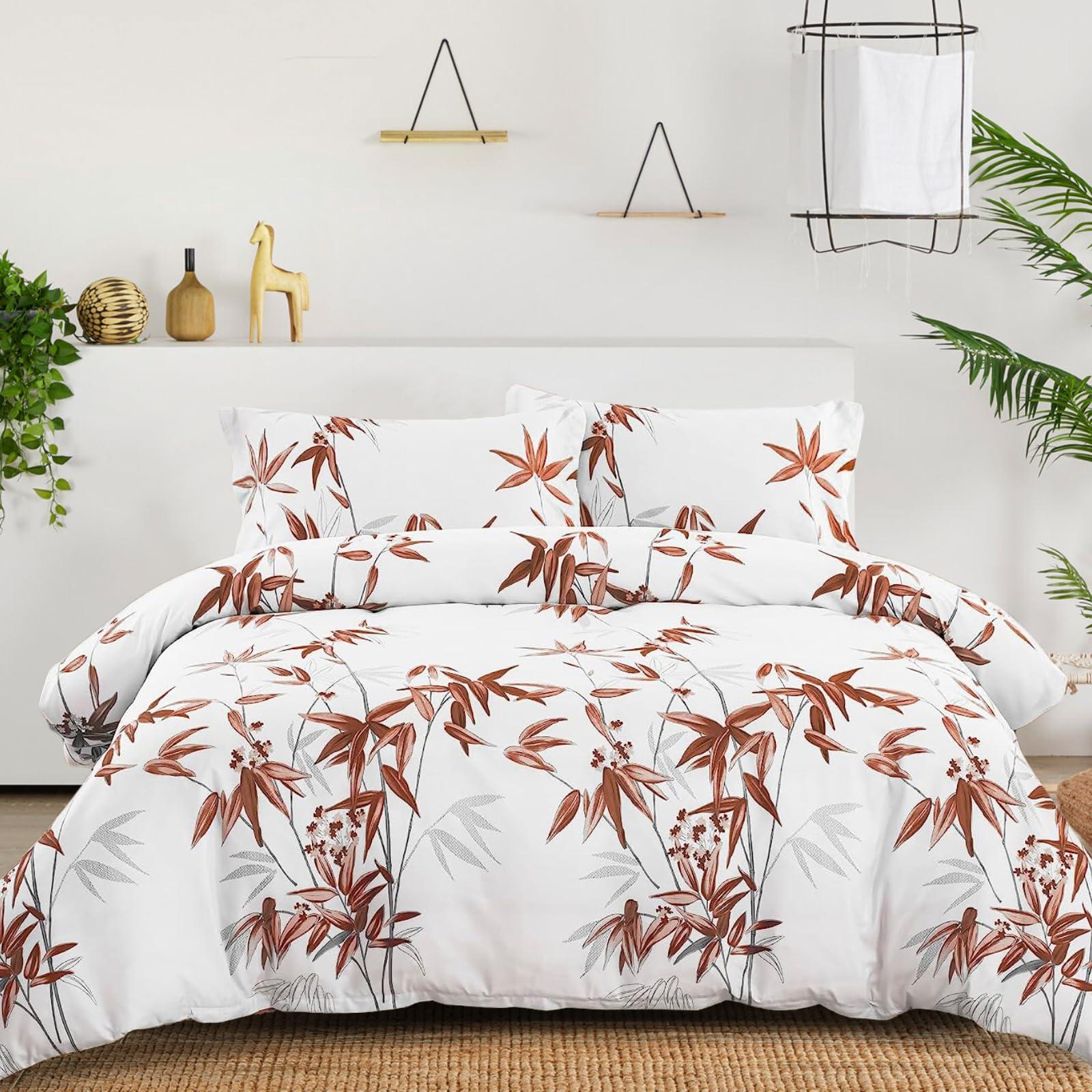 Djoymock Plants Duvet Cover Set King Size, 3 Pcs Brown Bamboo Leaves Bedding Set For Teens Adult Microfiber Reversible Soft Comforter Cover Set(1 Duvet Cover 220x230cm, 2 Pillowcases 50x75cm) 5