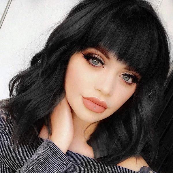 ColorfulPanda 14" Black Wavy Curly Bob Wigs for Women Girls Natural Looking and Heat Resistant Synthetic Hair Short Wig with Fringe for Daily Cosplay Party