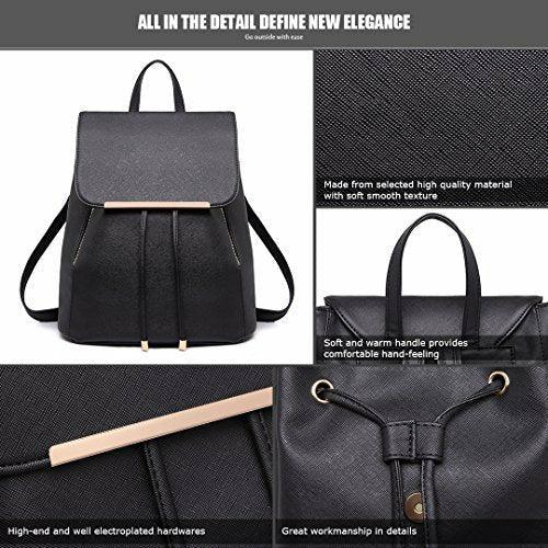 Miss Lulu Ladies Fashion PU Leather Backpack Rucksack Shoulder Bag (Black) 3