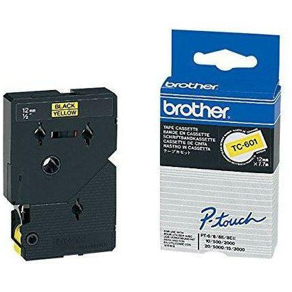 Brother TC-601 Labelling Tape Cassette, Black on Yellow, 12 mm (W) x 7.7M (L), Laminated, Brother Genuine Supplies 0
