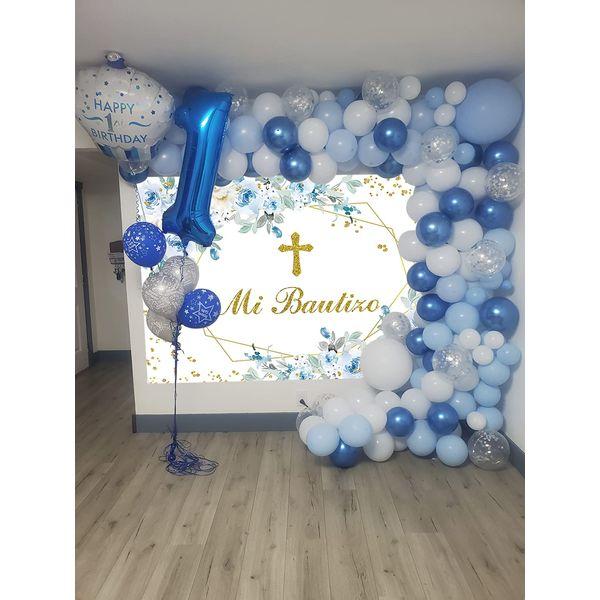 Mi Bautizo Backdrop Mexican Baptism Party Photo Background God Bless Boy First Holy Communion Blue Flower Decorate Banner Newborn Baby Shower Supplies (Blue, 8x6FT) 4