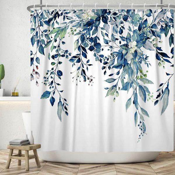 MIRRORANG Shower Curtain, Blue Floral Bathroom Curtains Mildew & Mould Resistant Polyester Bath with 12 Hooks, Waterproof Quick-Drying Fabric Plant Curtain(180 x 180 cm) 4