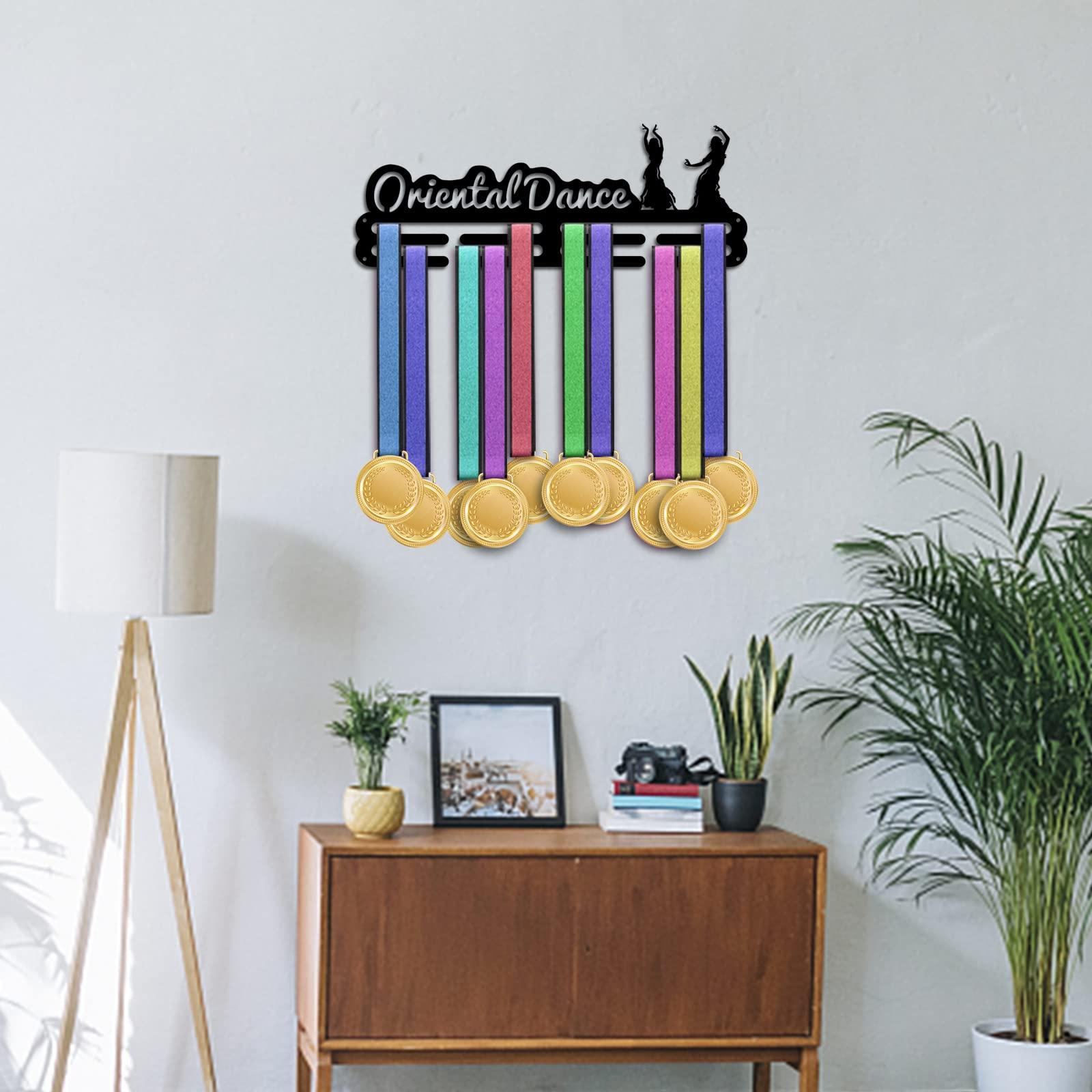PH PandaHall Oriental Medal Hanger Display, Dance Medal Hooks Sports Medal Holder 3 Lines Sport Award Rack Wall Mount Iron Frame for over 50 Medals Necklace Jewellery 40x15cm/15.7x5.9inch 4