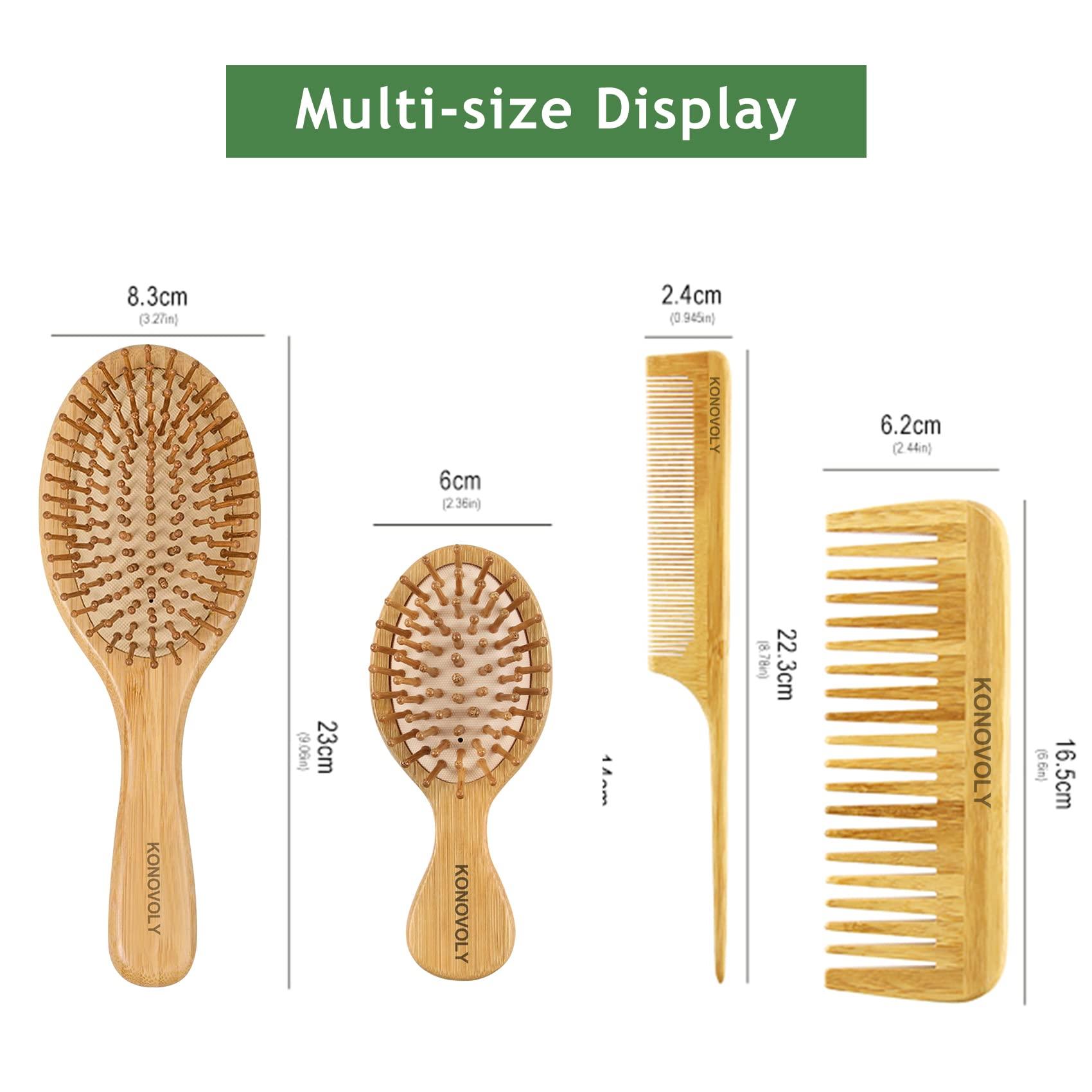 4 Piece Bamboo Hair Brush and Comb Set with Paddle Detangling Hairbrush Natural Wide-tooth and tail comb No Bristle, suit for Women Men Kids Thick/Thin/Curly/Dry Hair Gift kit 4