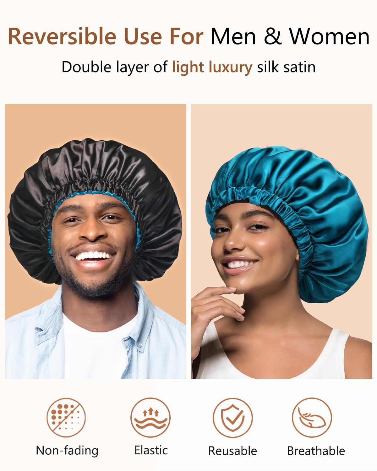 mikimini Satin Bonnet Silk Bonnet for Women, Double-Layer Large Sleeping Hair Bonnet for Long Curly Hairs and Braids, Hair Wrap for Sleeping with Elastic Band 2 Packs 3