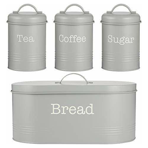 EHC 4 Piece Kitchen Storage Set Includes Bread Bin, Tea, Coffee & Sugar Caddy Tins Storage Canisters and Jars Set, Grey 2