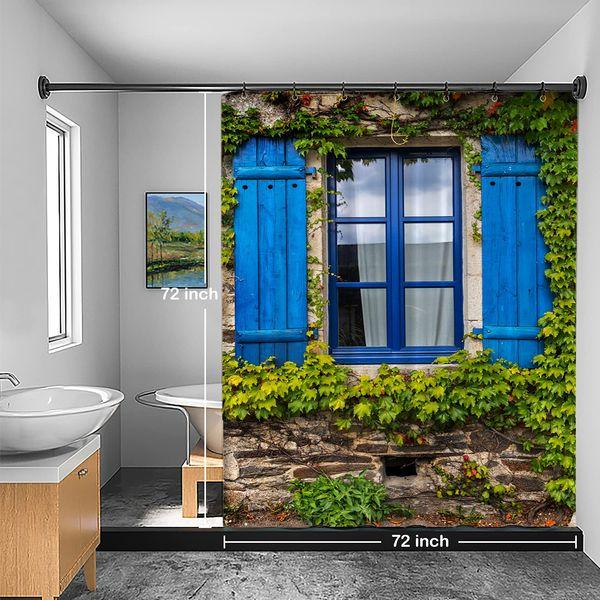 Batmerry European Flowers Scenery Garden Decoration Shower Curtain, Blue Wooden Windows Blinds Green Plants Decor Shower Curtain for Shower Stall Bathroom Waterproof of Standard Size 72x72 Inch 3