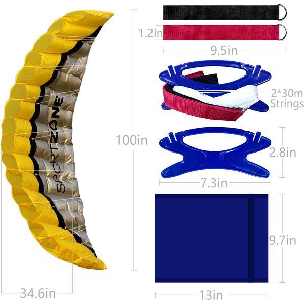 Touch the sky 100in Dual Line Stunt Parafoil Kite | Parachute Kite For Kids & Adults | Power Kite Beach Summer Flying Outside Activity | Strings Wrist Strapes | Yellow 2