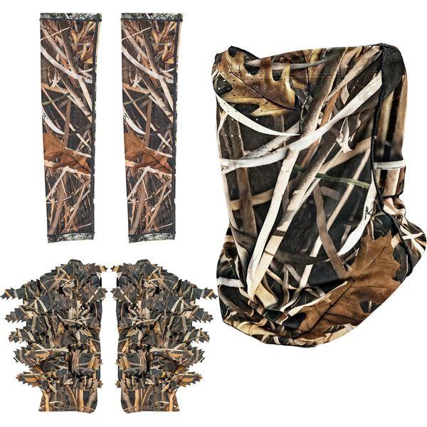 Tongcamo Duck Hunting Face Mask Gaiter Camo Gloves Leafy, Arm Sleeves for Men Women Waterfowl Tree Camouflage Turkey Hunting Blinds, 5 Pieces Hunting Accessories