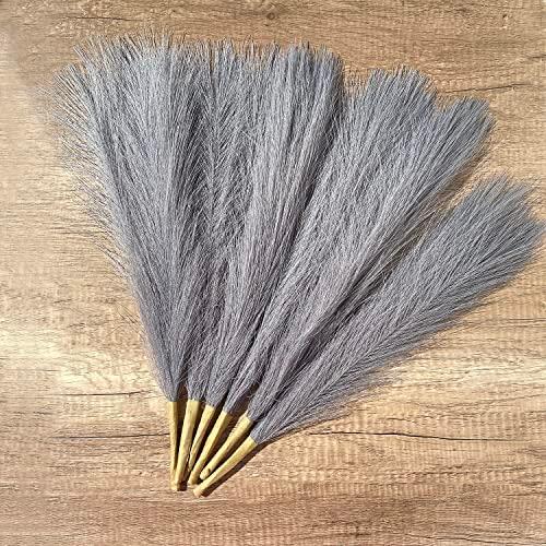 Artificial Pampas Grass Decor 17.7"- Fluffy Fake Flowers 6 pcs,Boho Faux Plants Non-Shedding Reeds for Home Bedroom Decor,Table Filler Centerpieces (gray) 3