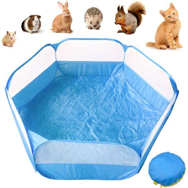 HACRAHO Small Animal Playpen, 1 Pack Portable Small Pet Cage Tent with Storage Bag Foldable Yard Exercise Fence for Rabbits Hamster Guinea Pig, Blue Half Net