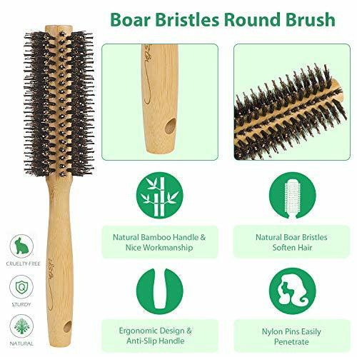 Round Hair Brush Women Bamboo with Pin Tail Comb Natural Boar Bristle Hair Brush for Blow Drying for Women and Men to Style Curling or Straightening Adds Shine and Makes Hair Smooth 2