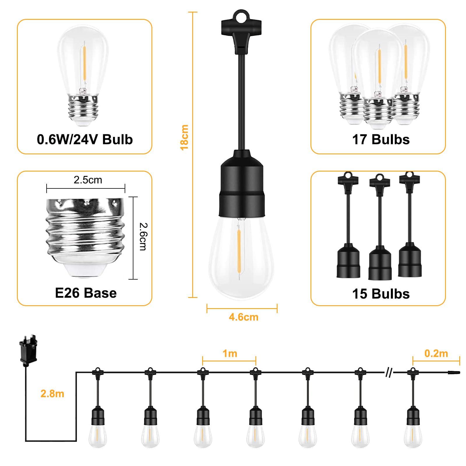 DHWDS Festoon Outdoor Garden String Lights - 18M/59FT S14 15+2 LED Outdoor Lights Mains Powered IP44 Waterproof Shatterproof Bulbs Garden Light for Outside Gazebo, Pergola, Patio, Camping 3