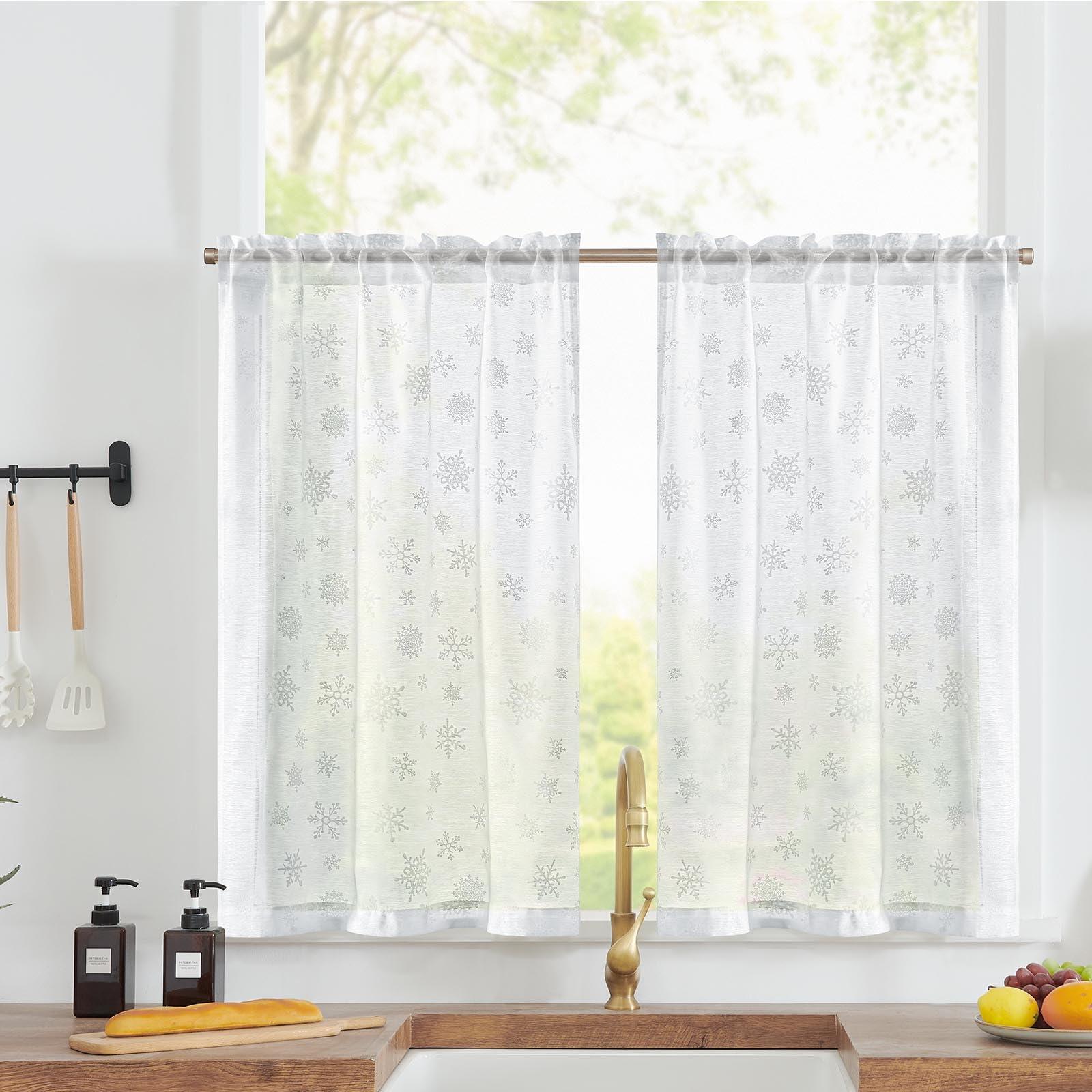 TOPICK Sheer Curtains Snowflake Kitchen Curtains 36 Inch Silver Foil Print Tier Curtains Cafe Curtains Voile Small Window Curtains for Bedroom Bathroom RV Light-Filtering 2 Panels Grey