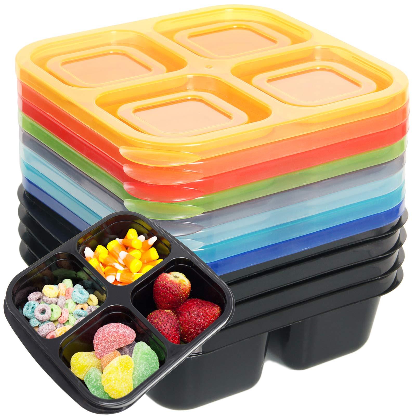 Youngever 8 Pack 4-Compartment Re-usable Snack Box Food Containers, Bento Lunch Box, Meal Prep Containers, Divided Food Storage Containers, in 8 Assorted Color 0