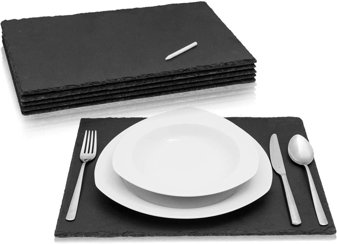 Amazy Slate Plates (Set of 6) + Chalk for Labelling natural slate placemats with soft padded feet for your upcoming dinner party (40 x 30 cm) 4