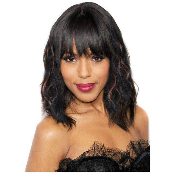 ColorfulPanda Short Bob Wigs for Women Black mixed Brown Highlight Curly Wavy Wigs with Bangs Natural Heat Resistant Fiber for Daily Use and Cosplay 14"