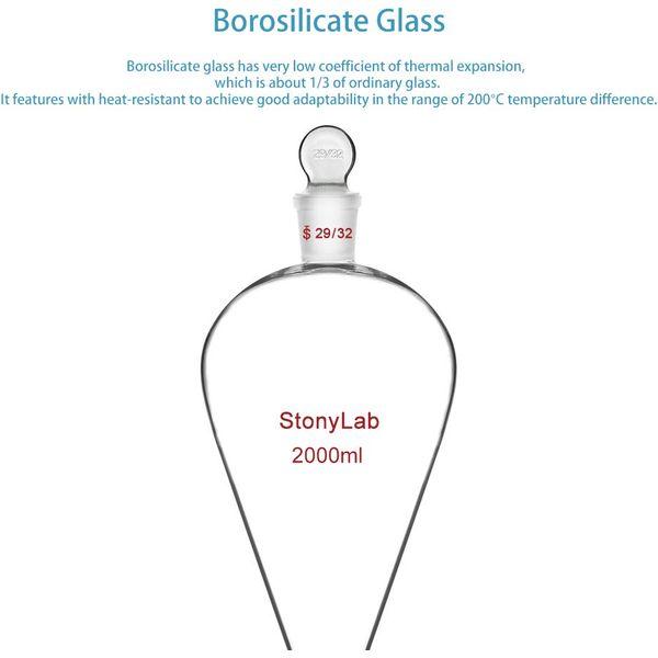 StonyLab PTFE Stopcock Separatory Funnel 2 L, Borosilicate Glass Heavy Wall Conical Pear-Shaped Separatory Funnel Separation Funnel with 29/32 Joint 3