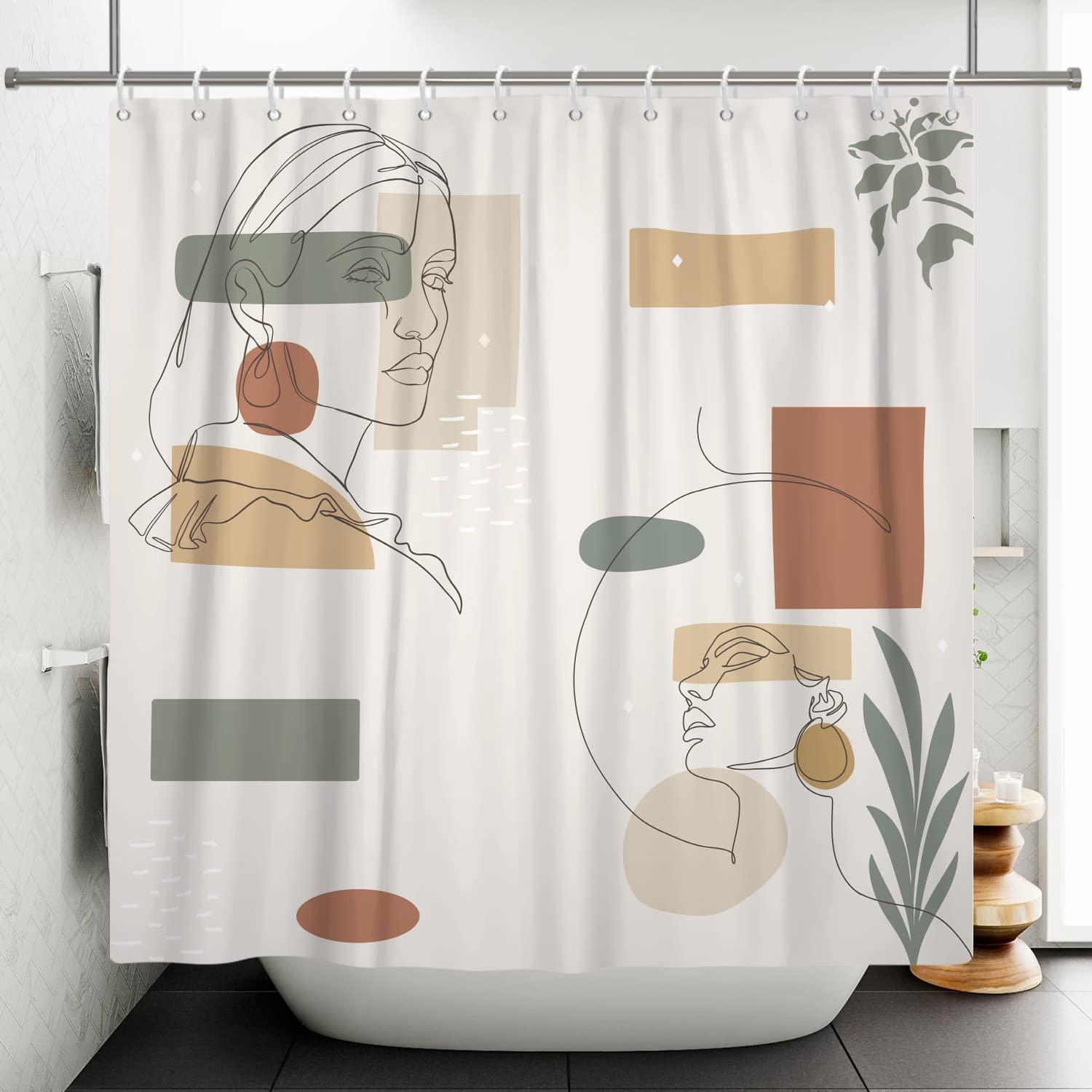 Bovlleetd Abstract Shower Curtain Boho Bath Curtain Medieval Art Shower Curtains Line Beauty Woman Face Bathroom Decorative Curtain Plant Waterproof Bathtub Curtain 71x71inch 0