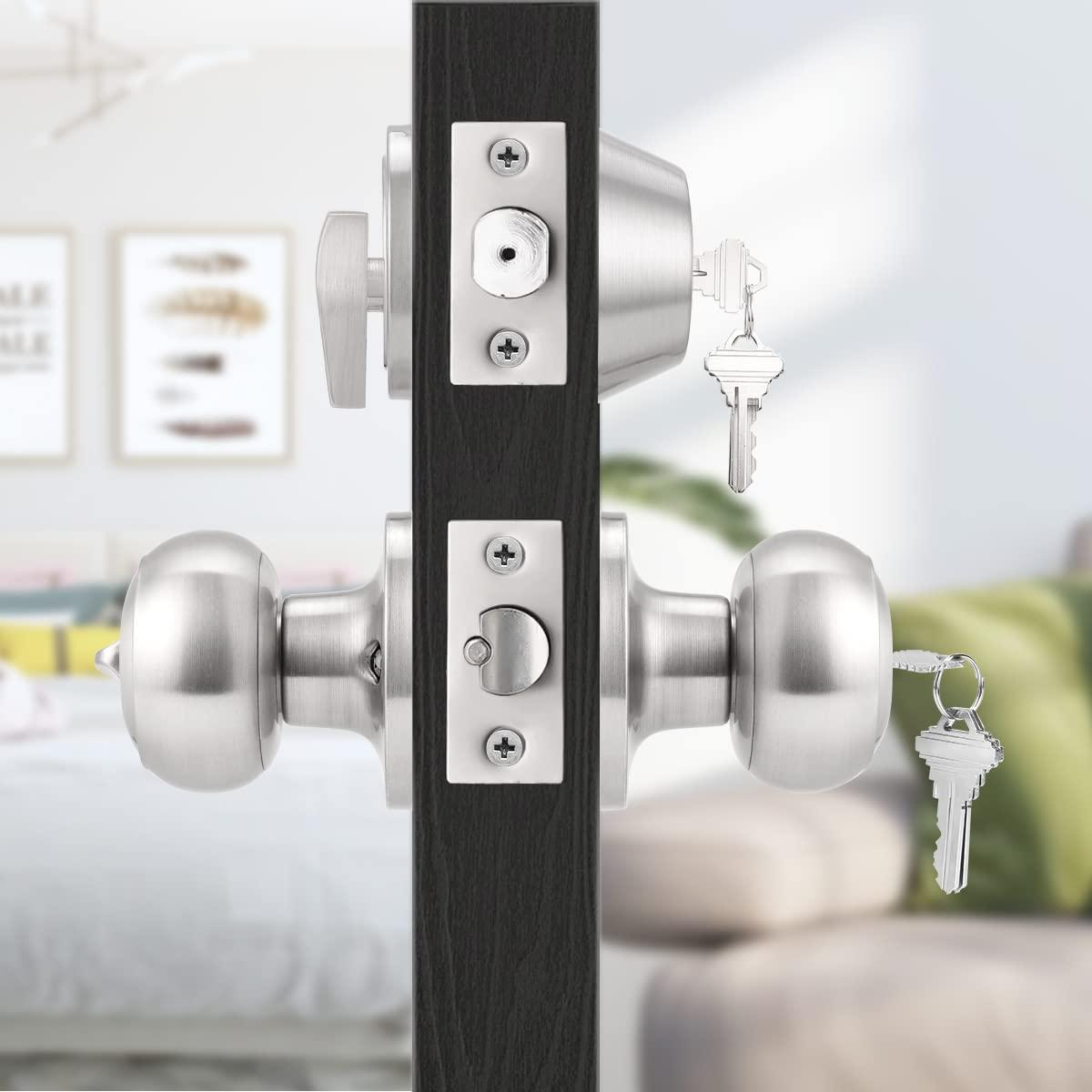 Probrico Front Entrance Door Locks with Cylinder Deadbolt, Brushed Nickel Exterior Door Knobs with Same Key and Lock, 5 Pack Exterior Door Handles 3