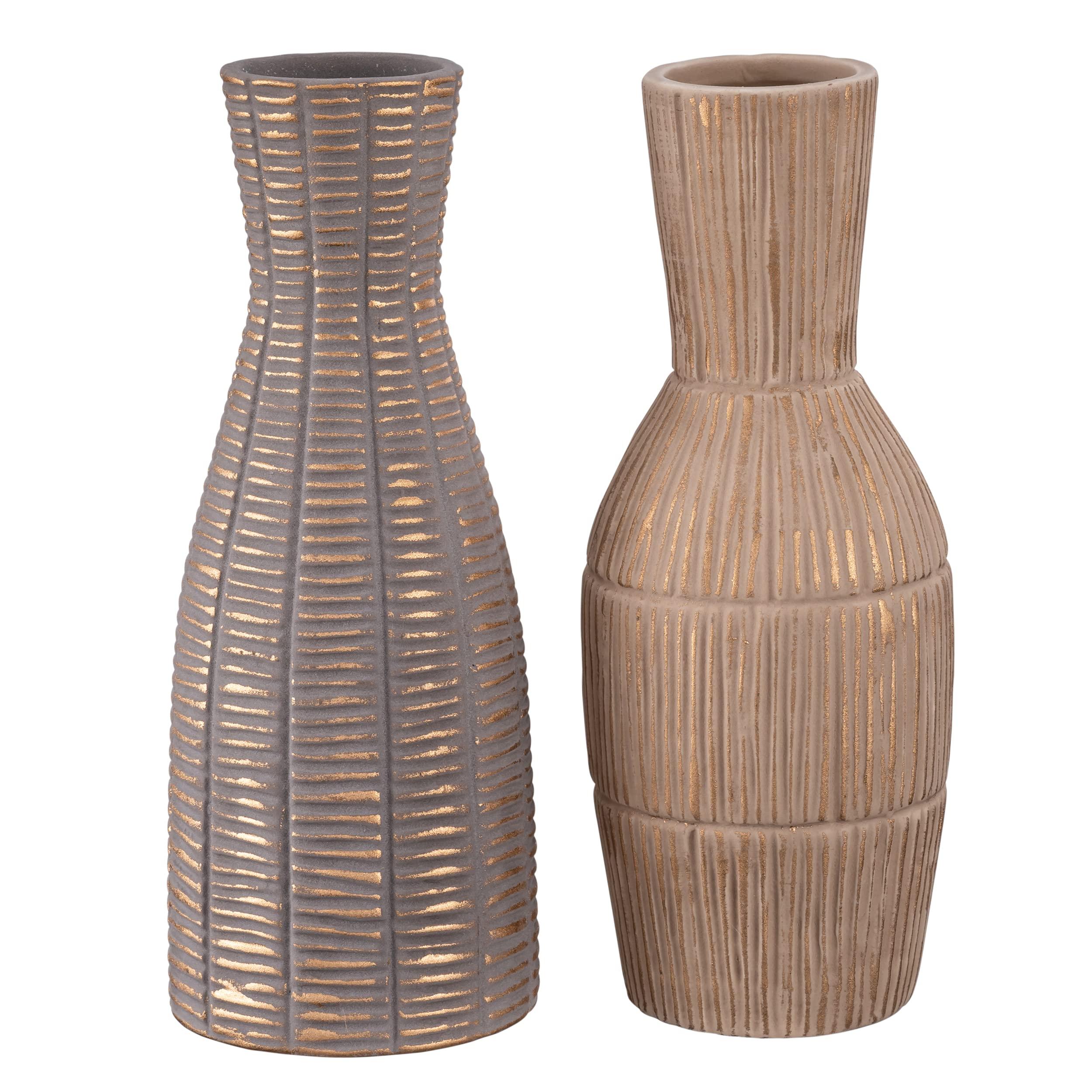 TERESA'S COLLECTIONS Flower Vase, Rustic, Rippled and Textured, Set of 2 Vintage Vases, Brown Beige Ceramic Vase for Home Decor Living Room Bedroom, 23cm 5